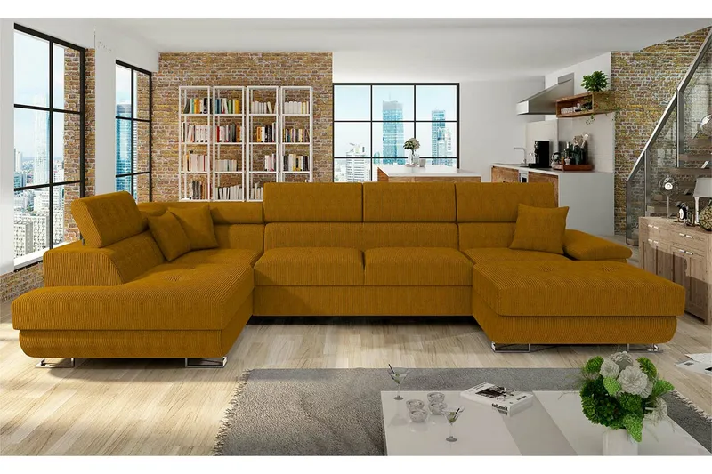 Reginia 4-seters Hjørnesovesofa 125x270 cm med Oppbevaring i Kordfløyel - Gul - Møbler - Sofaer - Sovesofaer - Sovesofa divan