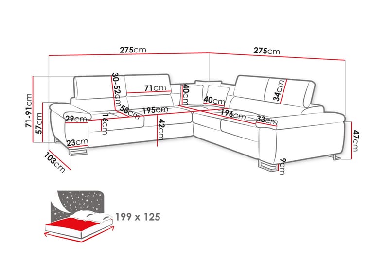 Sovesofa 4-seters L-formet 275x275 cm Universal - Hjørnesovesofa