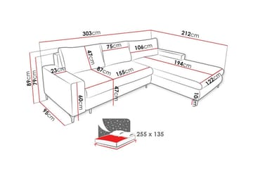 Talby 3-seter Høyre L-formet Hjørnesovesofa 135x255 cm med Oppbevaring i Stoff - Grå - Møbler - Sofaer - Sovesofaer - Sovesofa divan