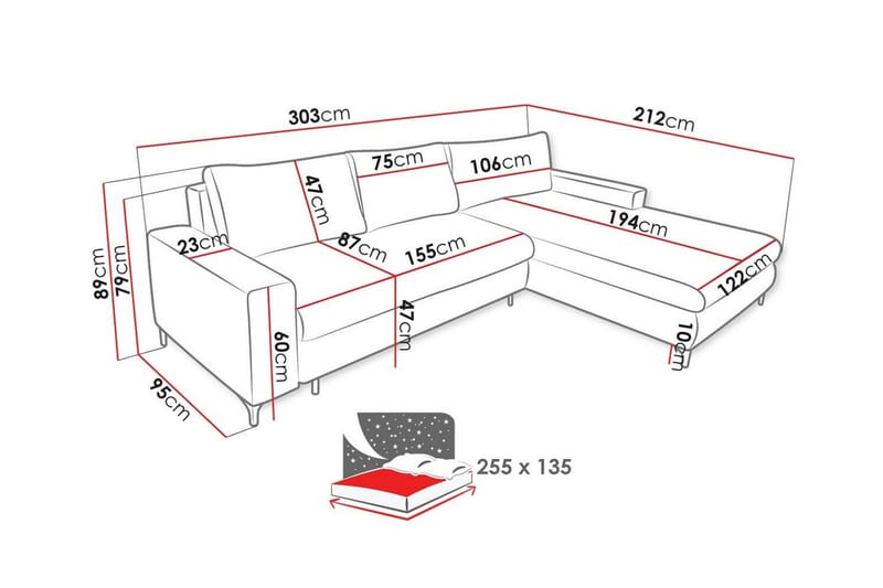 Talby 3-seter Høyre L-formet Hjørnesovesofa 135x255 cm med Oppbevaring i Stoff - Grå - Møbler - Sofaer - Sovesofaer - Sovesofa divan