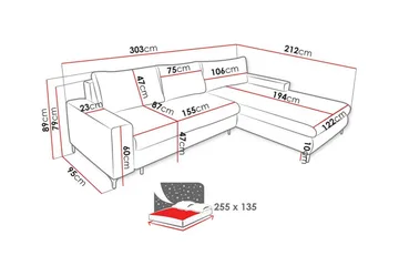 Talby 3-seter Høyre Sovesofa 135x255 cm med Oppbevaring i Stoff - Grå - Møbler - Sofaer - Sovesofaer - Sovesofa divan