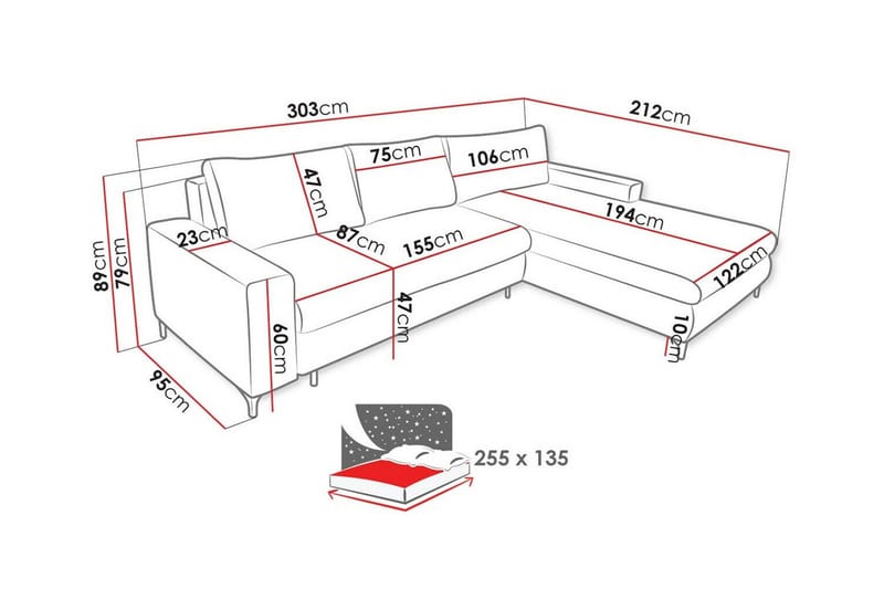 Talby 3-seter Høyre Sovesofa 135x255 cm med Oppbevaring i Stoff - Grå - Møbler - Sofaer - Sovesofaer - Sovesofa divan