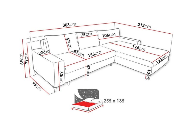 Talby 3-seter Høyre Sovesofa 135x255 cm med Oppbevaring i Stoff - Gul - Møbler - Sofaer - Sovesofaer - Sovesofa divan