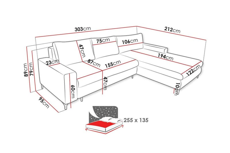 Talby 3-seter Høyre Sovesofa med Oppbevaring og Kanalsteppet i Stoff - Beige - Møbler - Sofaer - Sovesofaer - Sovesofa divan
