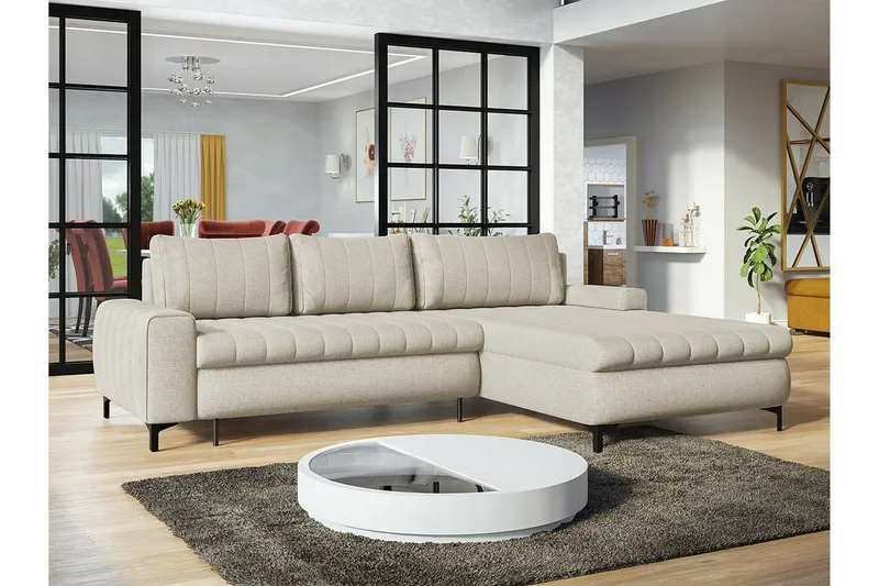 Talby 3-seter Høyre Sovesofa med Oppbevaring og Kanalsteppet i Stoff - Beige - Møbler - Sofaer - Sovesofaer - Sovesofa divan