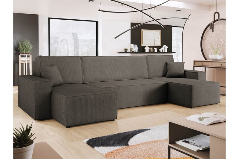 Hobson Sovesofa med Dobbel Sjeselong 4-seter i Plysj - Grå - Møbler - Sofaer - Sovesofaer - U sovesofa