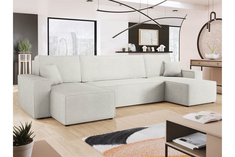 Hobson Sovesofa med Dobbel Sjeselong 4-seter i Plysj - Hvit - Møbler - Sofaer - Sovesofaer - U sovesofa