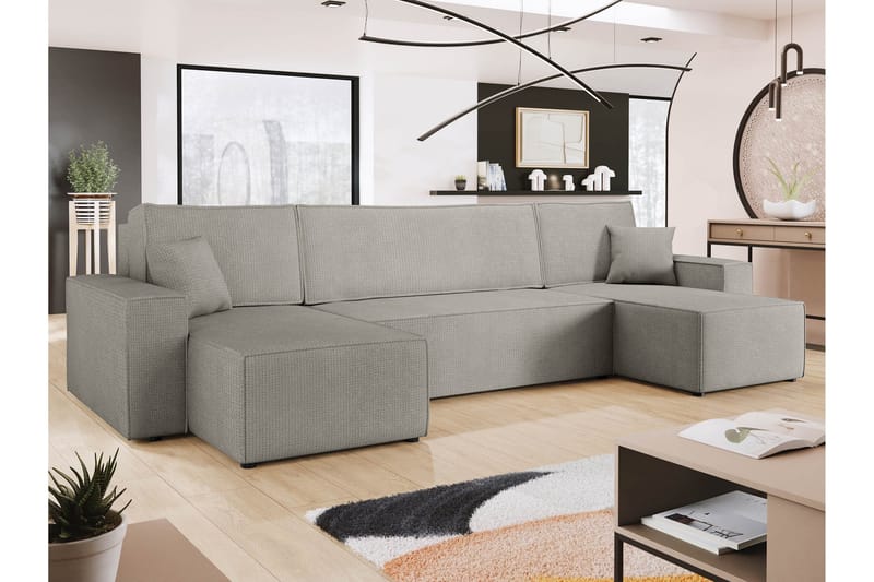 Hobson Sovesofa med Dobbel Sjeselong 4-seter i Plysj - Grå - Møbler - Sofaer - Sovesofaer - U sovesofa