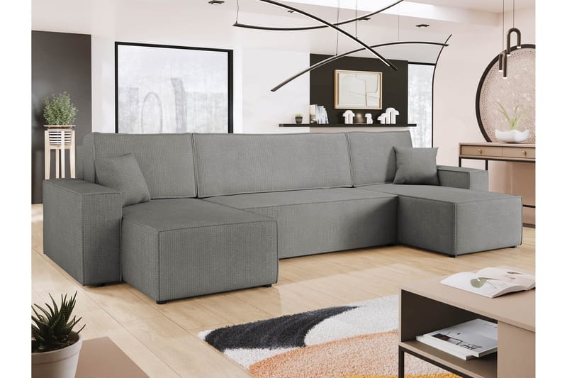 Hobson Sovesofa med Dobbel Sjeselong 4-seter i Plysj - Grå - Møbler - Sofaer - Sovesofaer - U sovesofa