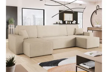 Hobson Sovesofa med Dobbel Sjeselong 4-seter i Plysj - Beige - Møbler - Sofaer - Sovesofaer - U sovesofa