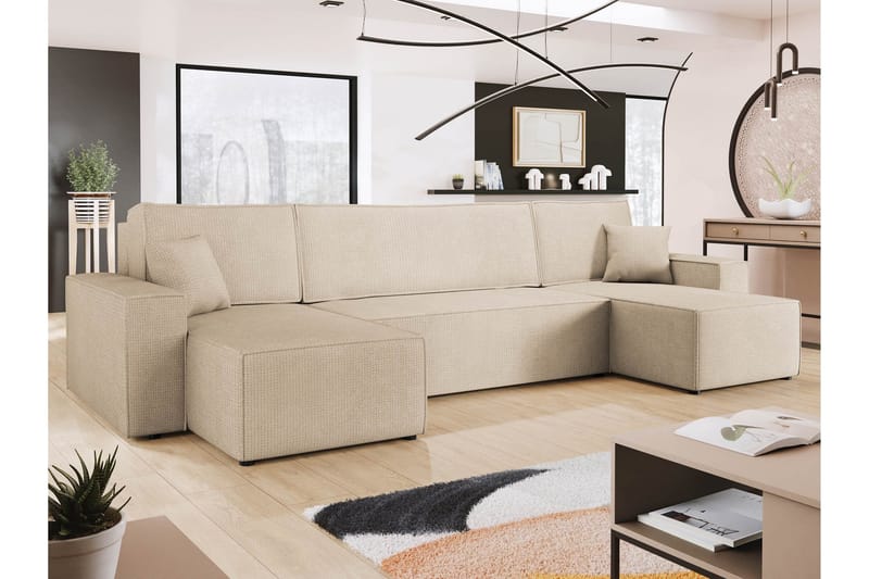 Hobson Sovesofa med Dobbel Sjeselong 4-seter i Plysj - Beige - Møbler - Sofaer - Sovesofaer - U sovesofa