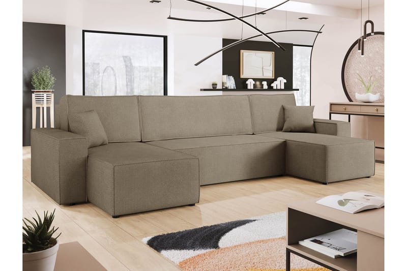 Hobson Sovesofa med Dobbel Sjeselong 4-seter i Plysj - Brun - Møbler - Sofaer - Sovesofaer - U sovesofa