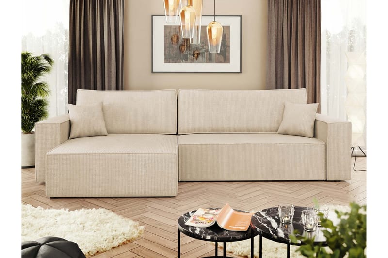 Hobson Sovesofa med Sjeselong 3-seter i Plysj - Beige - Møbler - Sofaer - Sovesofaer - Sovesofa divan
