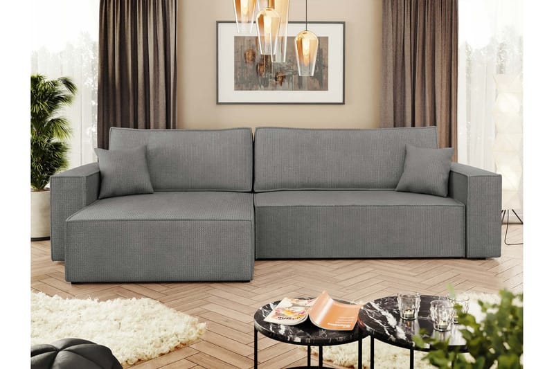 Hobson Sovesofa med Sjeselong 3-seter i Plysj - Grå - Møbler - Sofaer - Sovesofaer - Sovesofa divan