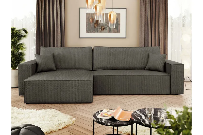 Hobson Sovesofa med Sjeselong 3-seter i Plysj - Grå - Møbler - Sofaer - Sovesofaer - Sovesofa divan