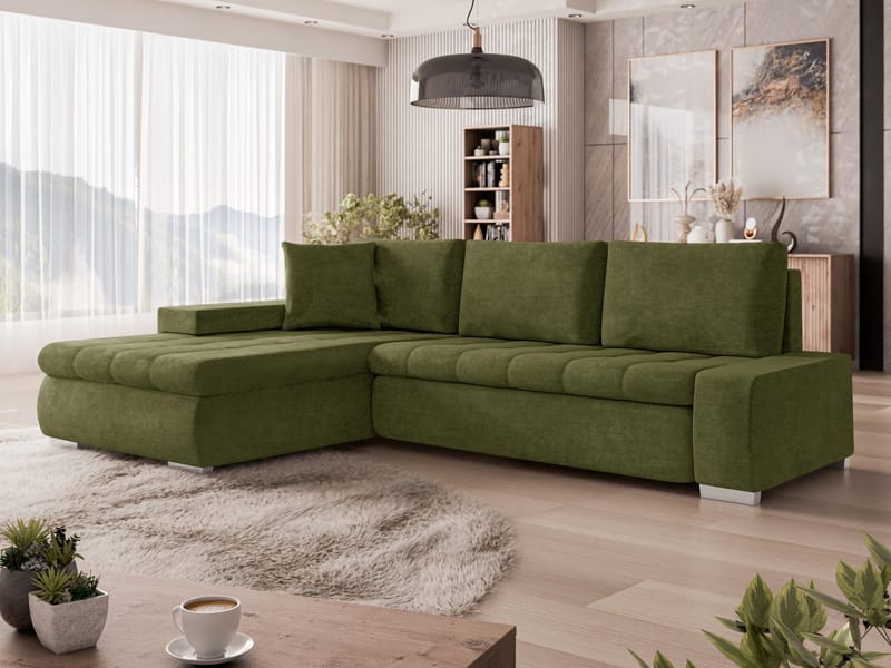 Irja 4-seters sovesofa med sjeselong, venstrevendt - Olivengrønn - Møbler - Sofaer - Sovesofaer - Hjørnesovesofa