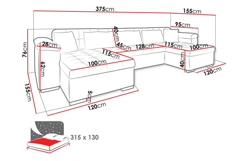 Kinzer Dobbel Sovesofa 4-Seters - Grønn - Møbler - Sofaer - Sovesofaer - U sovesofa