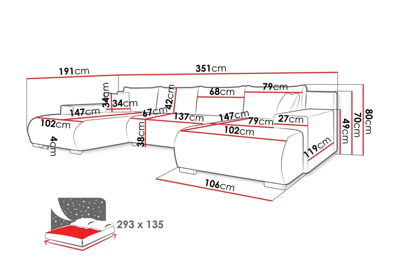 Krysen Sovesofa Dubbeldivan 4-sits - Grå - Møbler - Sofaer - Sovesofaer - U sovesofa