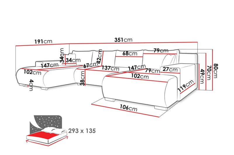 Krysen Sovesofa Dubbeldivan 4-sits - Hvit - Møbler - Sofaer - Sovesofaer - U sovesofa