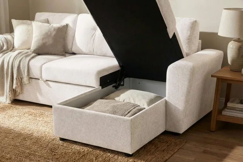 Leia 3-seters vendbar sovesofa med sjeselong og oppbevaring - Beige - Møbler - Sofaer - Sovesofaer - Sovesofa divan
