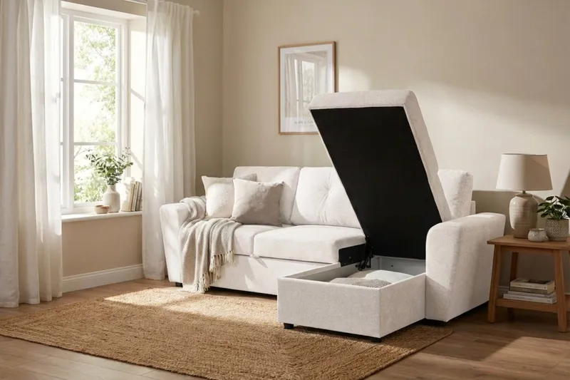 Leia 3-seters vendbar sovesofa med sjeselong og oppbevaring - Beige - Møbler - Sofaer - Sovesofaer - Sovesofa divan