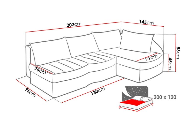 Lido Hjørnesovesofa 202x145x86 cm - Møbler - Sofaer - Sovesofaer - Langsgående sovesofa
