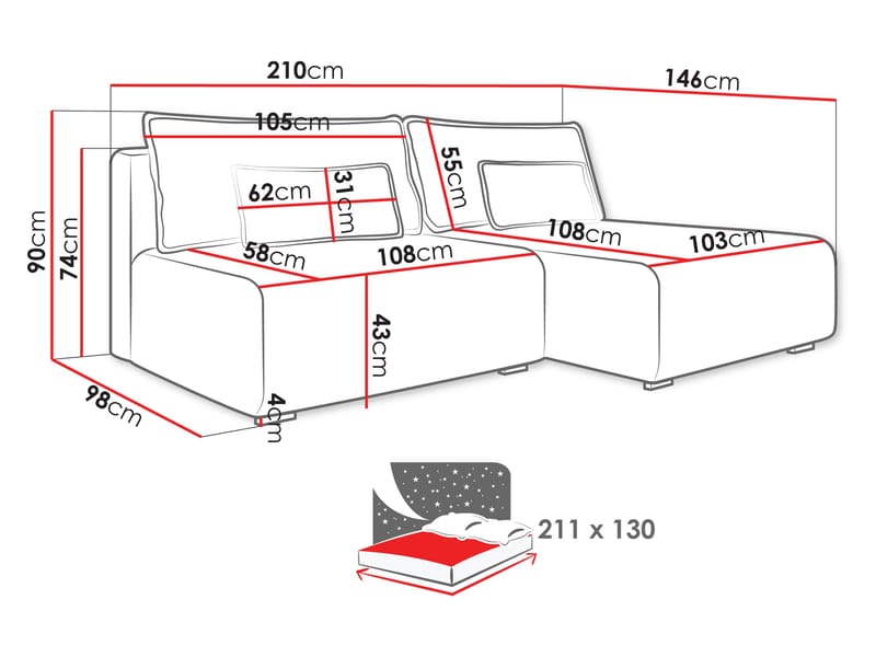 Lorynn 3-seters sovesofa med divan - grå - Møbler - Sofaer - Sovesofaer - Hjørnesovesofa