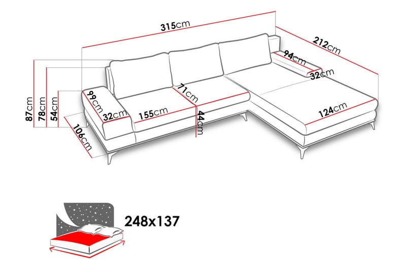 Manila Divansovesofa 315x212x87 cm - Møbler - Sofaer - Sovesofaer - Langsgående sovesofa