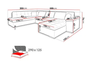 Niko U-sovesofa 350x205x76 cm - Grå - Møbler - Sofaer - Sovesofaer - Langsgående sovesofa