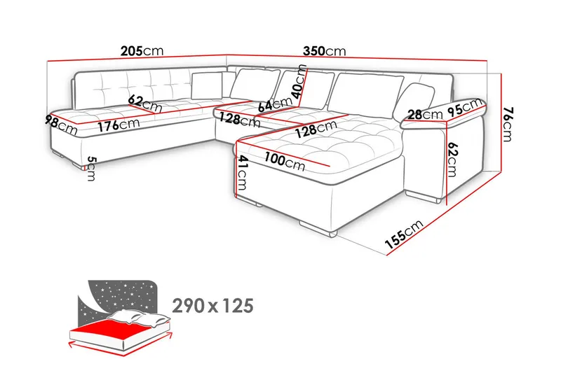 Niko U-sovesofa 350x205x76 cm - Grå - Møbler - Sofaer - Sovesofaer - Langsgående sovesofa