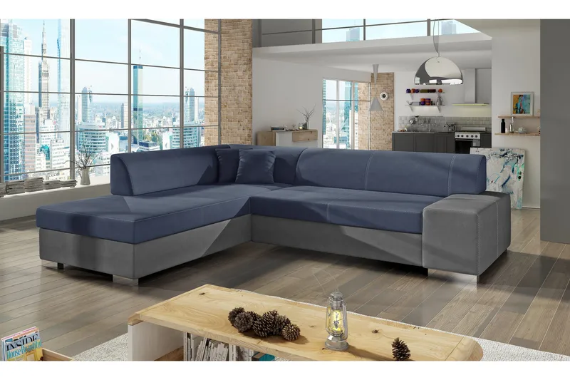 Pavones Sovesofa med Sjeselong - Blå/Grå - Møbler - Sofaer - Sovesofaer - Hjørnesovesofa