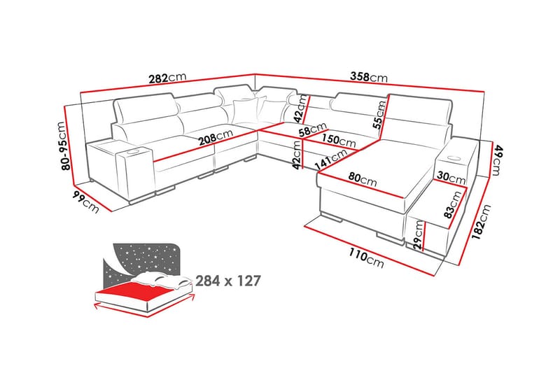 Perseo Divansovesofa 358x282x95 cm - Møbler - Sofaer - Sovesofaer - Langsgående sovesofa