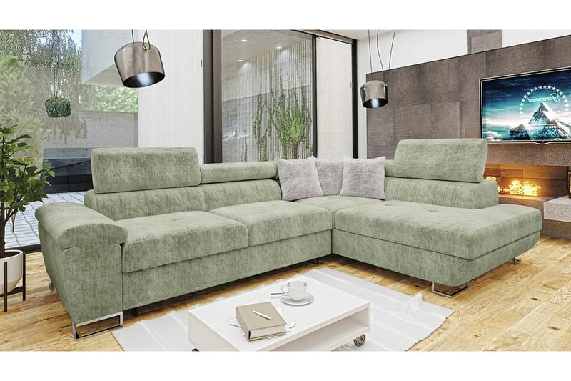 Reginia 4-sits Hörnbäddsoffa Light green - Møbler - Sofaer - Sovesofaer - Langsgående sovesofa