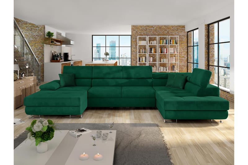 Reginia Sovesofa Med Divan Og Sjeselong 4-Seter - Grønn - Møbler - Sofaer - Sovesofaer - Sovesofa divan