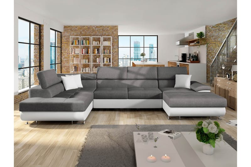 Reginia Sovesofa med Sjeselong og Dobbel Sjeselong 4-seter i Kunstlær - Hvit / Grå - Møbler - Sofaer - Sovesofaer - Sovesofa divan