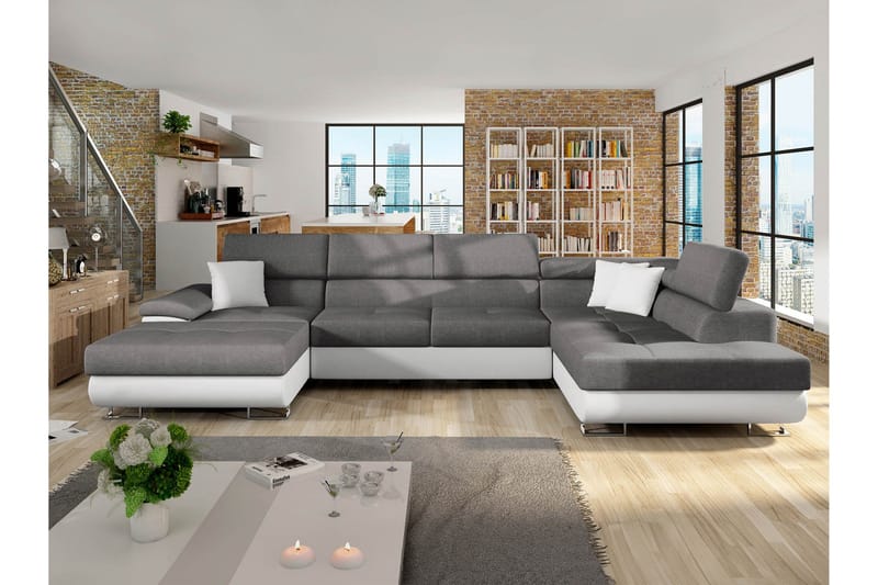 Reginia Sovesofa med Sjeselong og Dobbel Sjeselong 4-seter i Kunstlær - Hvit / Grå - Møbler - Sofaer - Sovesofaer - Sovesofa divan