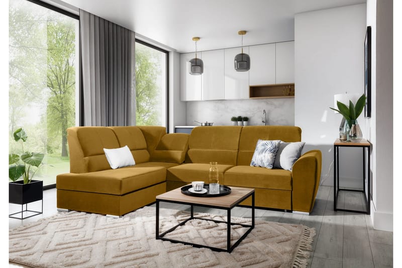 Sajmon Sovesofa m. Sjeselong 3-seter - Gul - Møbler - Sofaer - Sovesofaer - Langsgående sovesofa