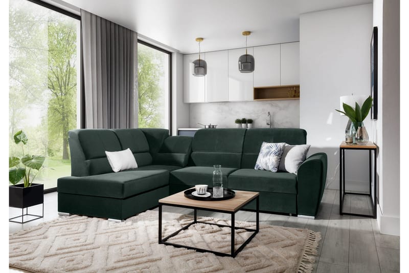 Sajmon Sovesofa m. Sjeselong 3-seter - Mørkegrønn - Møbler - Sofaer - Sovesofaer - Langsgående sovesofa
