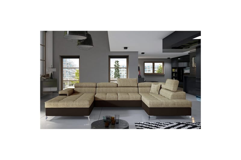 Seksjon Eltap Eduardo 337x205x88 cm - Berlin 03, Soft 66, Beige, Mørkebrun, Høyre - Møbler - Sofaer - Sovesofaer - Sovesofa divan