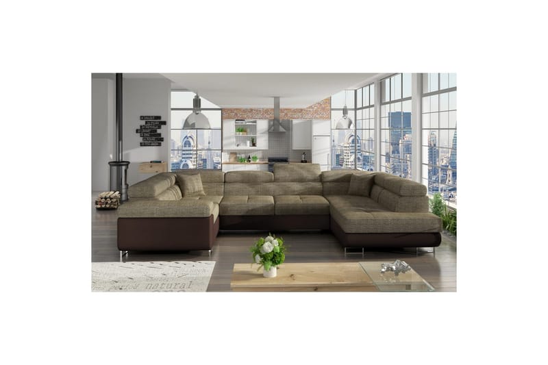 Seksjon Eltap Letto 340x202x90 cm - Berlin 03, myk 66, beige, mørk brun, Høyre - Møbler - Sofaer - Sovesofaer - Hjørnesovesofa