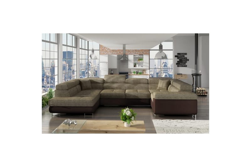 Seksjon Eltap Letto 340x202x90 cm - Berlin 03, myk 66, beige, mørk brun, Venstre - Møbler - Sofaer - Sovesofaer - Hjørnesovesofa