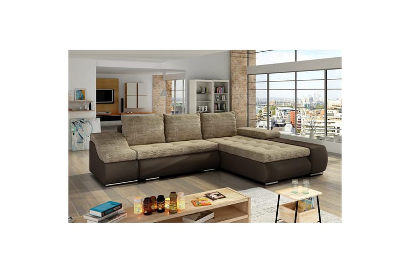 Seksjon Eltap Ontario 295x200x82 cm - Berlin 03, Soft 66, Beige, Mørkebrun, Høyre - Møbler - Sofaer - Sovesofaer - Sovesofa divan