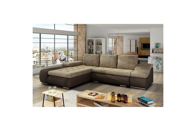 Seksjon Eltap Ontario 295x200x82 cm - Berlin 03, Soft 66, Beige, Mørkebrun, Venstre - Møbler - Sofaer - Sovesofaer - Sovesofa divan