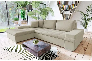 3-seter Venstre L-formet Sovesofa med Sjeselong og Oppbevaring i Fløyel - Beige - Møbler - Sofaer - Sovesofaer - Sovesofa divan