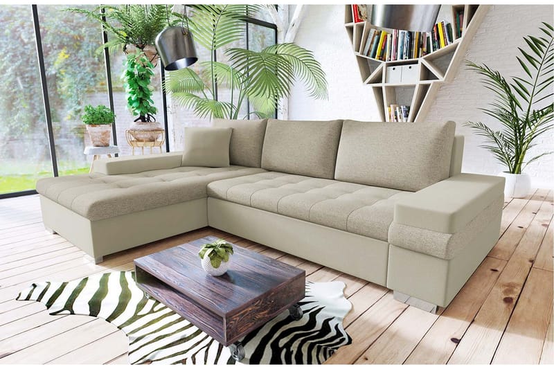 3-seter Venstre L-formet Sovesofa med Sjeselong og Oppbevaring i Fløyel - Beige - Møbler - Sofaer - Sovesofaer - Sovesofa divan