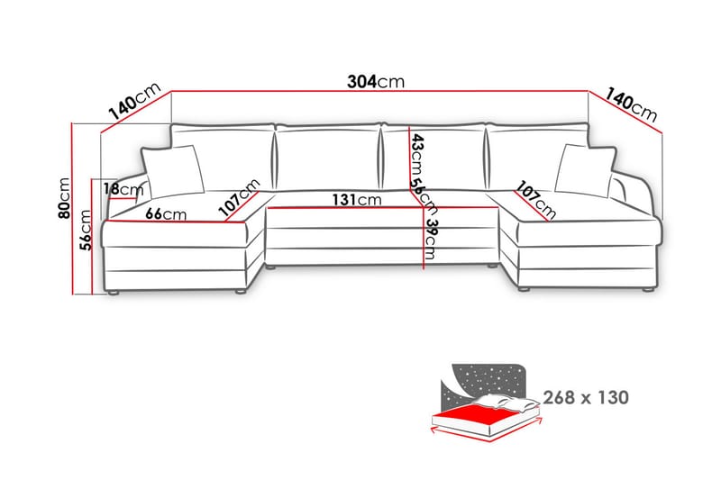 4-seters Sovesofa med Dobbeldivan Nyarp med Oppbevaring - Rød/Svart - Sovesofa divan - U sovesofa - Fløyelssofaer