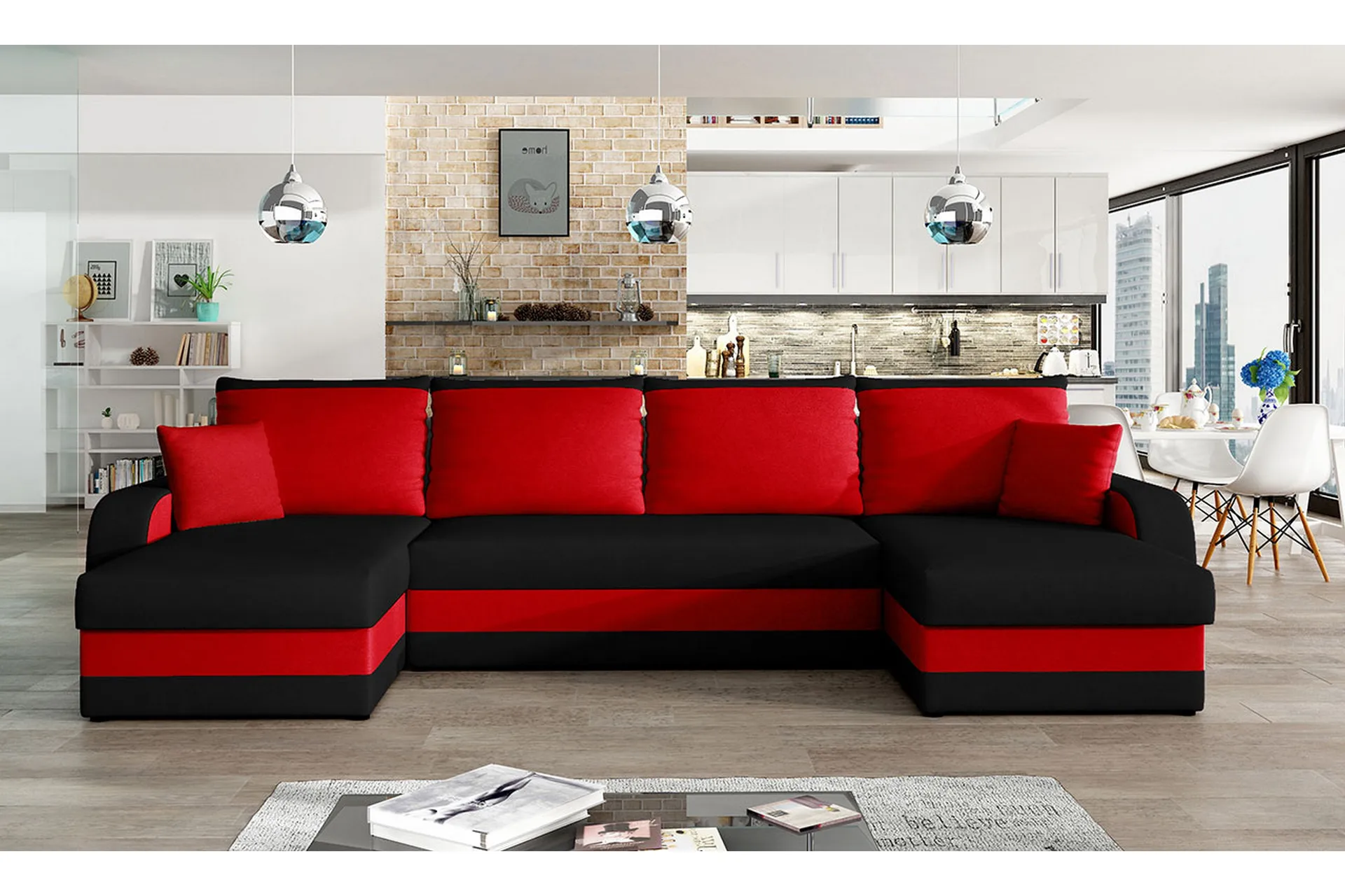 4-seters Sovesofa med Dobbeldivan Nyarp med Oppbevaring - Svart/Rød - Møbler - Sofaer - Sovesofaer - Sovesofa divan