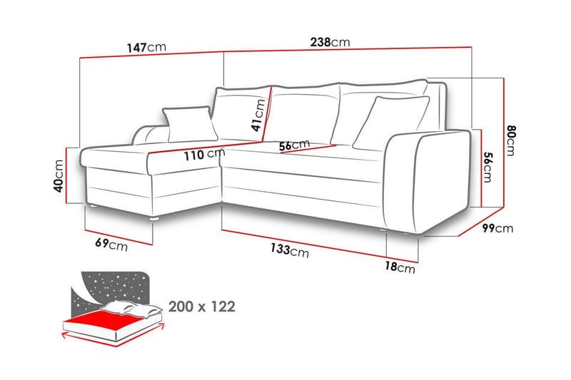 Alvared 3-seters Hjørnesovesofa Universal - Grå/Rød - Møbler - Sofaer - Sovesofaer - Sovesofa divan