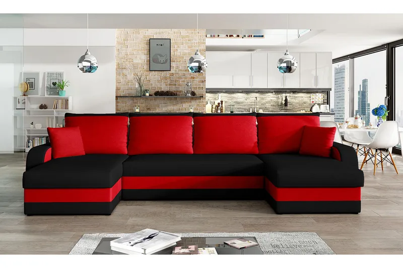 Alvared 4-seters Sovesofa med Dobbeldivan med Oppbevaring - Svart/Rød - Møbler - Sofaer - Sovesofaer - Sovesofa divan