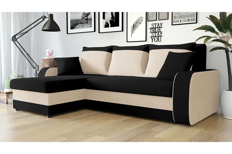 Alvared Dyp 3-seters L Sofa -Hjørnesovesofa Universal 230 cm - Beige / Svart / Hvit - Møbler - Sofaer - Sovesofaer - Sovesofa divan